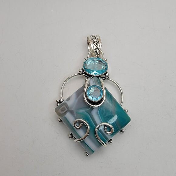 Sterling Silver Blue Lace Agate and Blue Topaz Pendant Necklace - 20" Chain - Picture 1 of 12